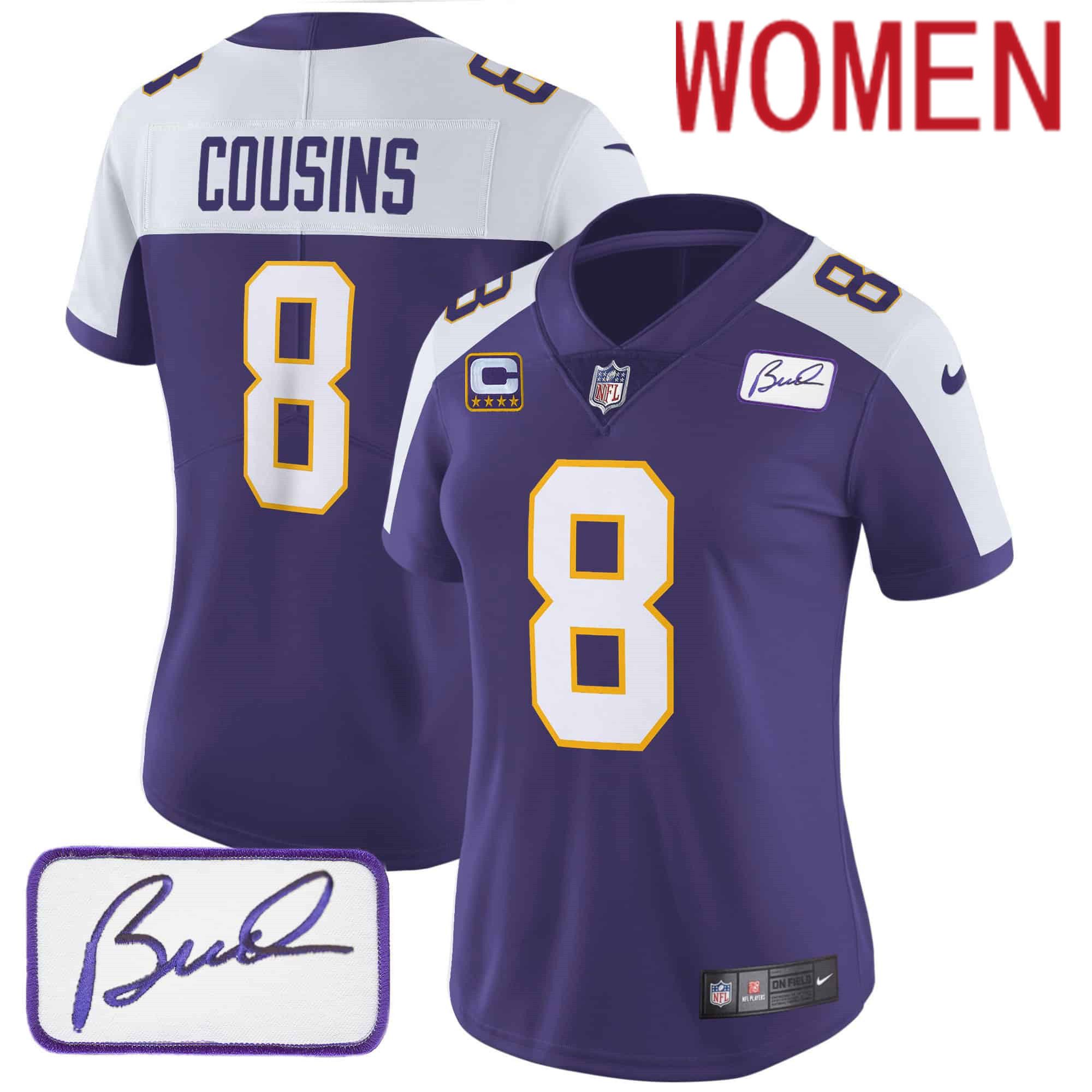 Women Minnesota Vikings 8 Cousins Purple 2024 Nike Bud Grant Patch Classic Limited NFL Jersey